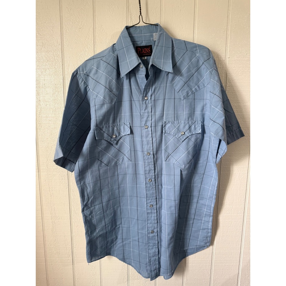 Plains Western Wear Mens Blue Grid Short Sleeve Pearl Snap Western Shirt Small